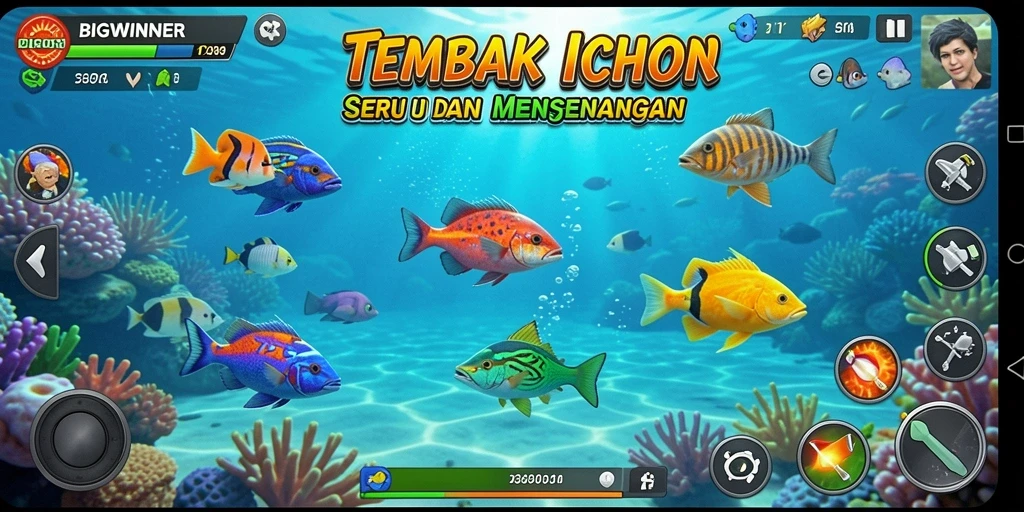 Screenshot gameplay BIGWINNER menampilkan aksi tembakan ikan yang seru.