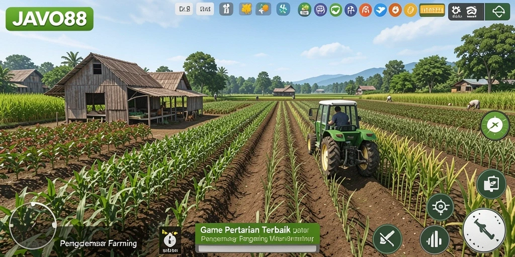 Screenshot utama JAVO88 menampilkan gameplay pertanian yang menarik dan penuh warna.