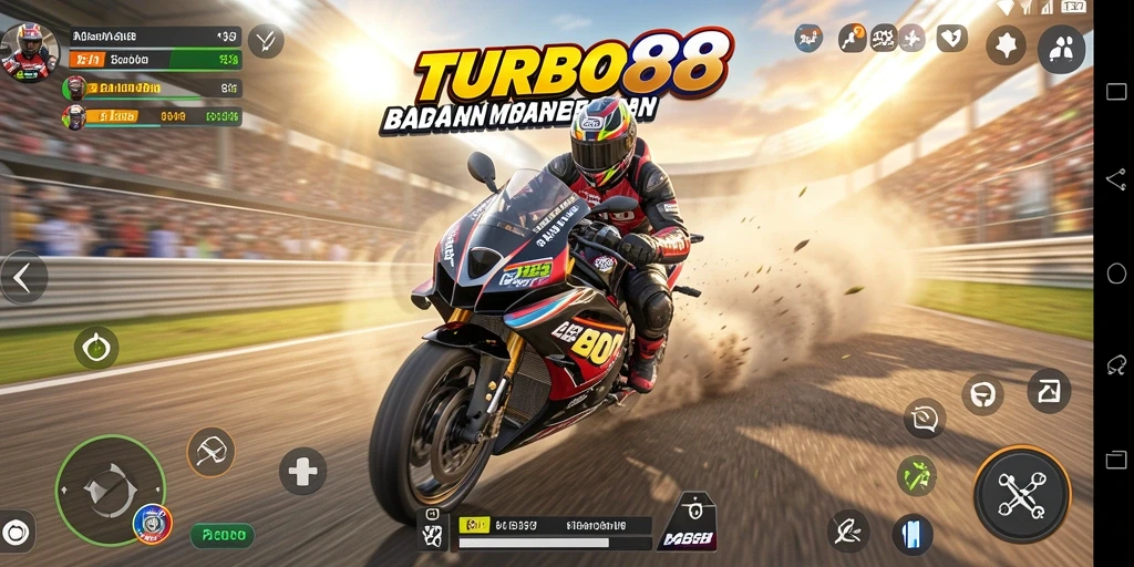Screenshot gameplay TURBO88 yang menampilkan aksi balapan motor yang memukau.