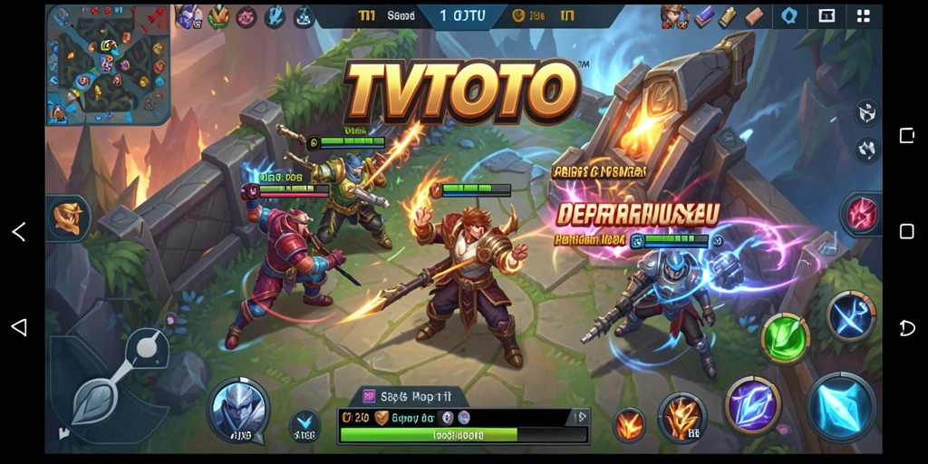 Tangkapan layar utama TVTOTO dengan aksi pertempuran MOBA yang intens.